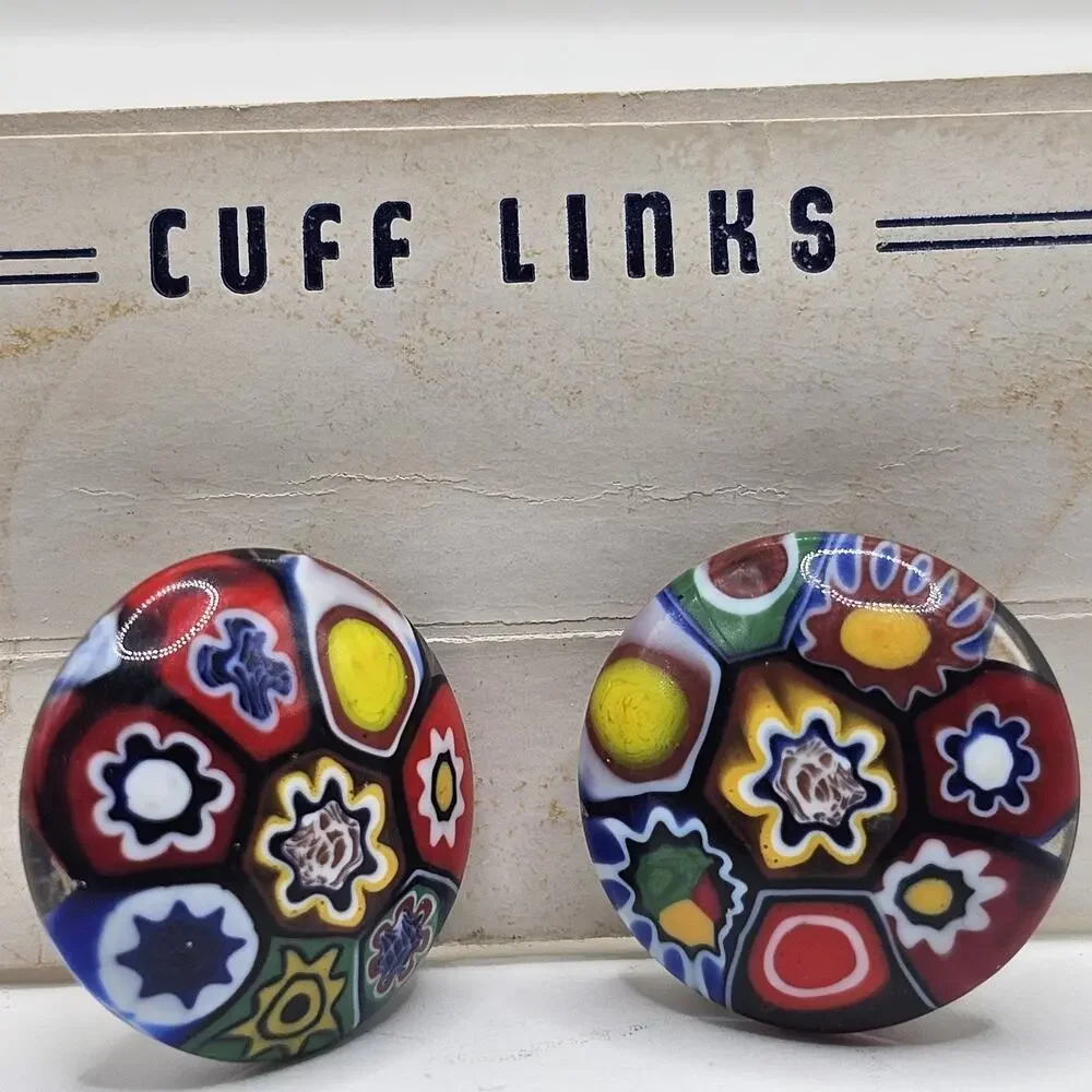 Vintage Murano Glass Color Splash Domed Millefiori Cufflinks New on Card